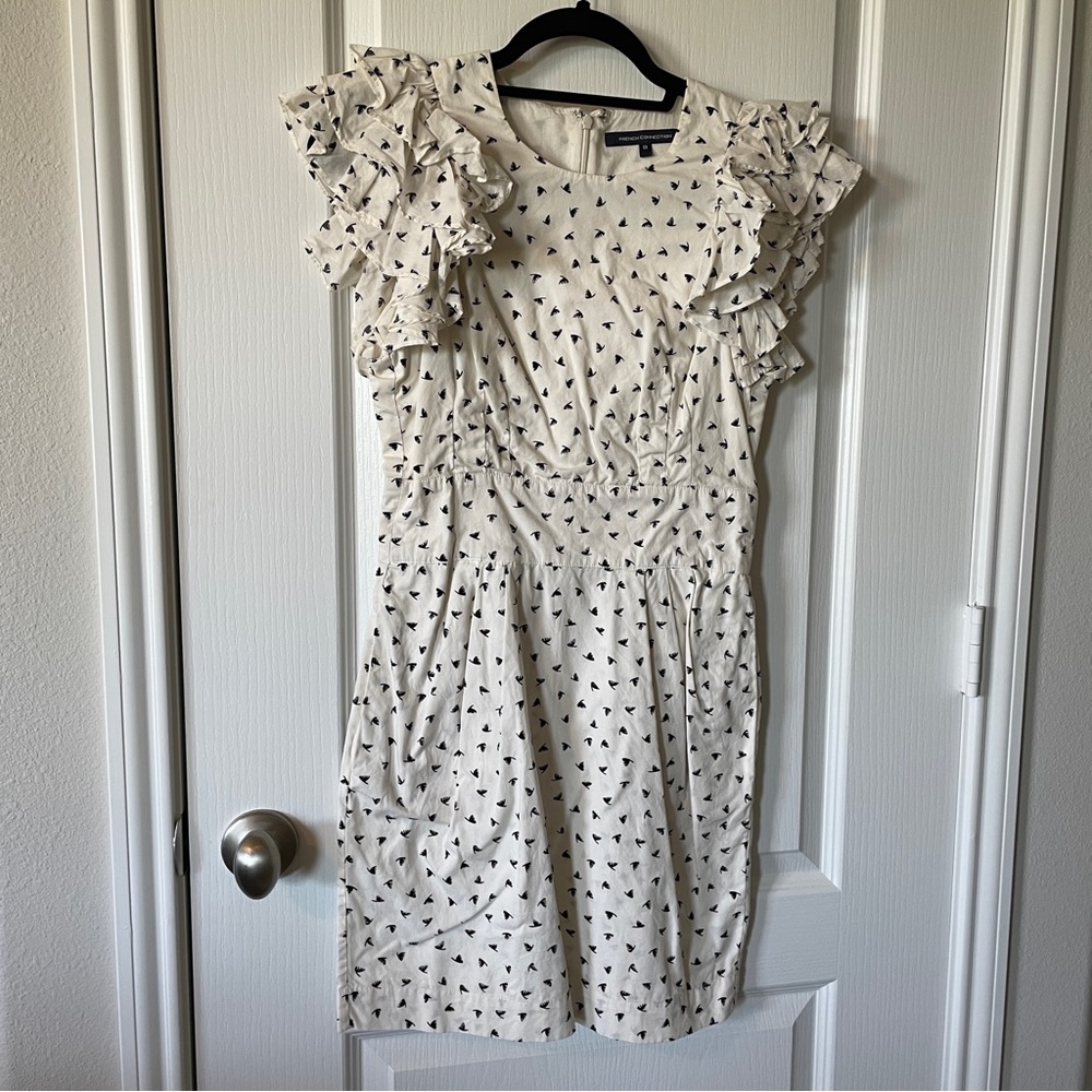 French Connection dress white with black design, statement sleeves, pockets